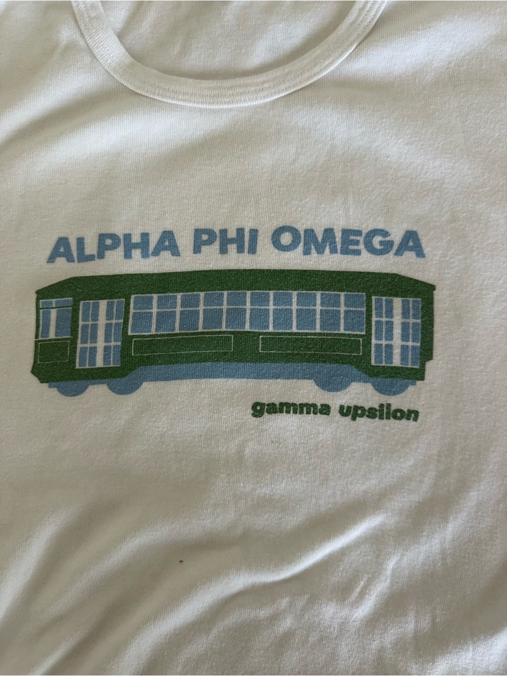 Alpha Phi Omega Trolley Baby Tee - White, Blue, Green